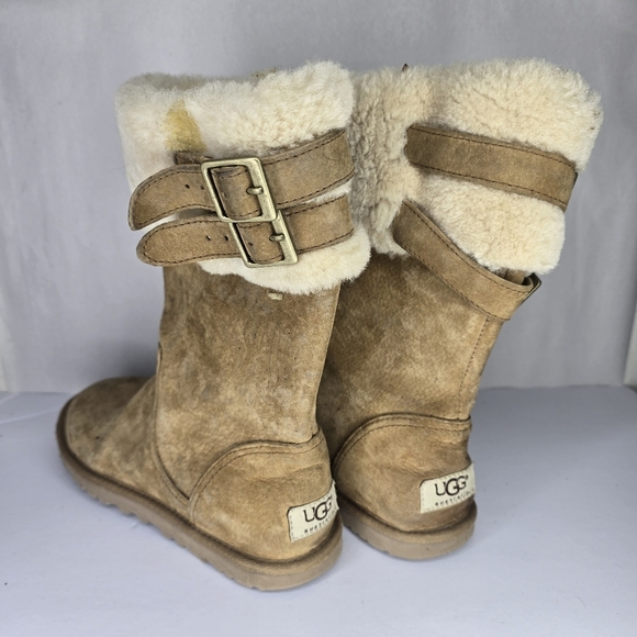 UGG BECKHAM SUEDE CHESTNUT BOOTS SIZE 7 Double Buckle Shearling Cuff - Picture 1 of 7